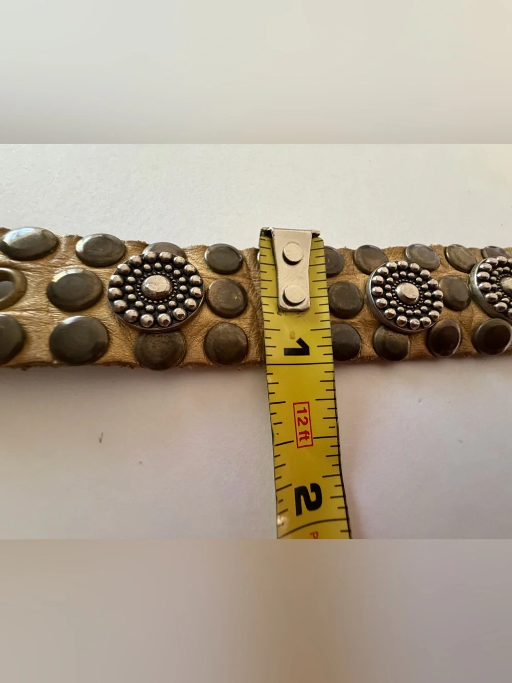 Western Studded Leather Belt with Decorative Silver Buckle - Tan